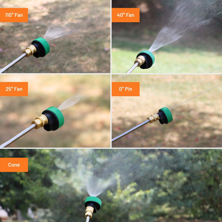 Garden hose nozzle with different spray settings on a blurred outdoor background