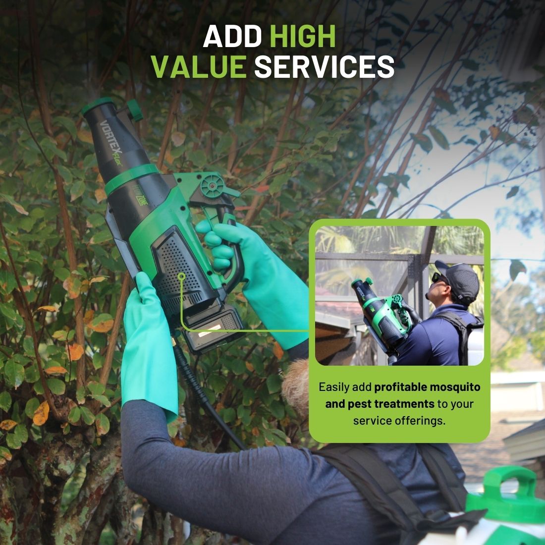 Person holding a vortex flex with text about adding high-value services