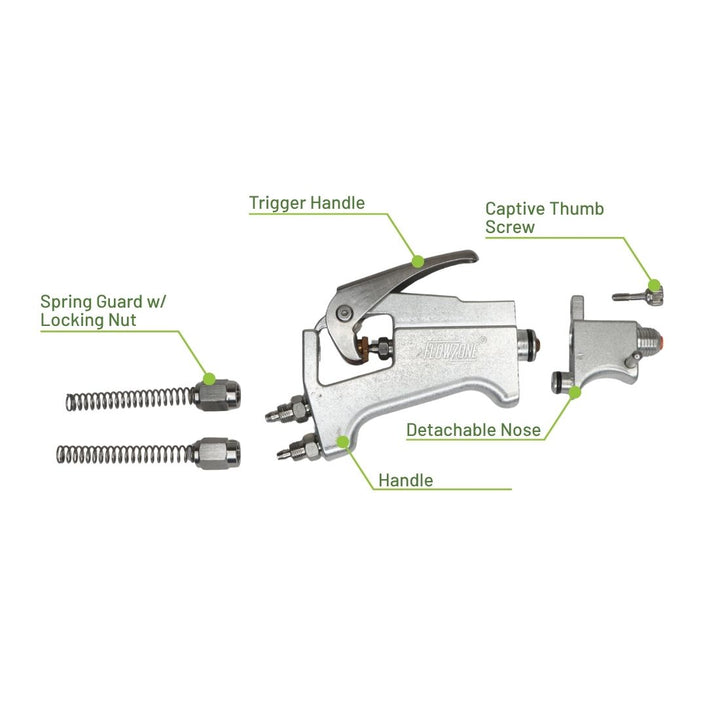 deconstructed image of injectosol injection spray gun assembly with labels on a white background