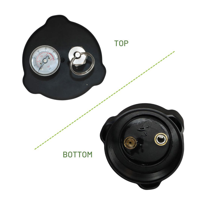 top and bottom view of injectosol tank lid assembly on white background with labels