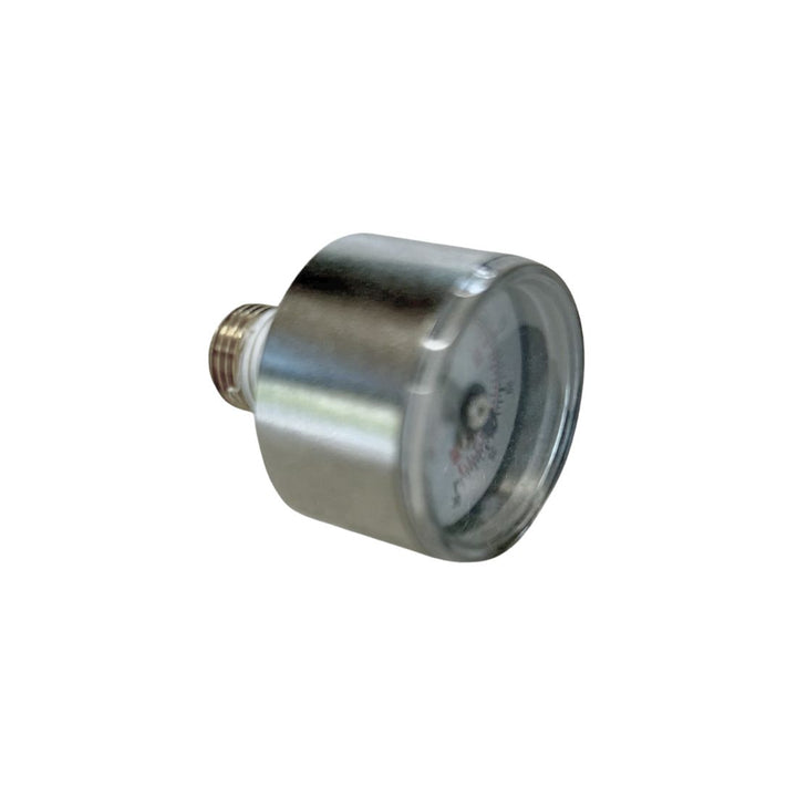 side view of injectosol 30psi pressure gauge on white background