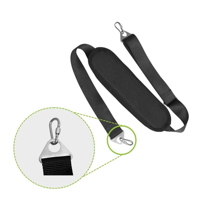 black injectosol carrying straps with focus on carabiner clip on white background