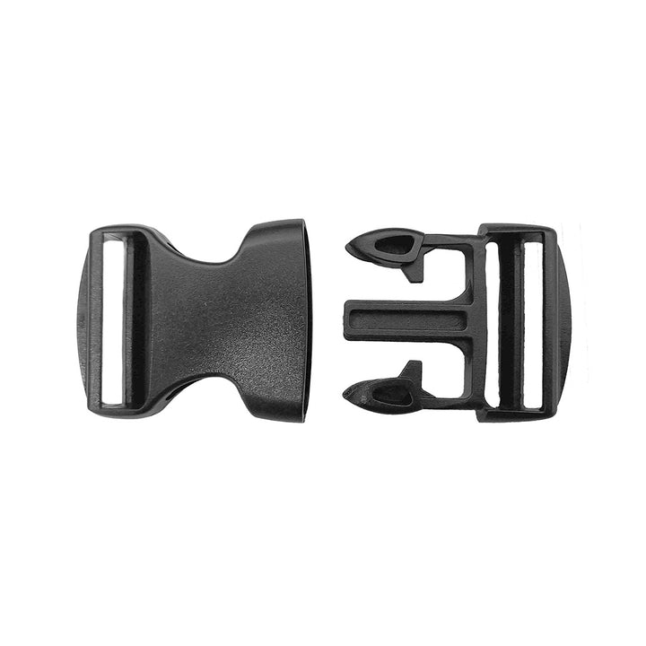 two black plastic comfortstraps waist strap buckles on white background
