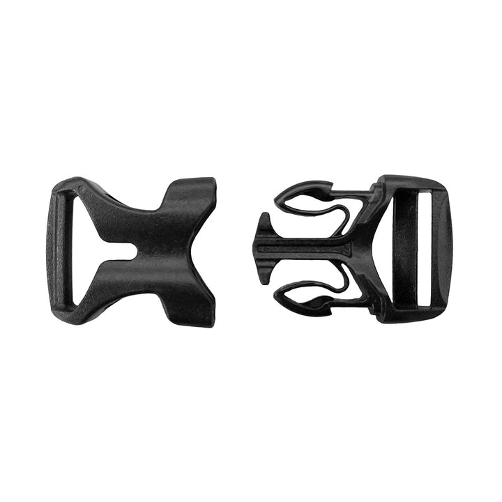 Two black plastic comfortstraps buckles on a white background
