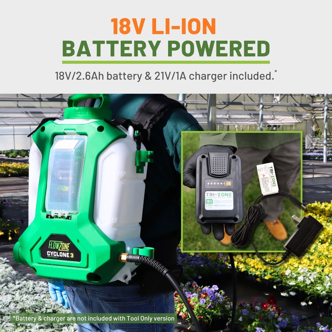 FlowZone Cyclone backpack sprayer shown on a person in a greenhouse, with text reading '18V LI-ION BATTERY POWERED' and an inset showing the battery and charger.