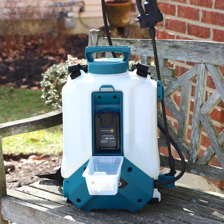 tornado battery powered sprayer on bench