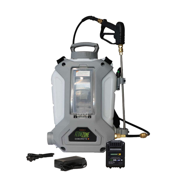 Concrete+ Typhoon 3 with battery and charger on white background.