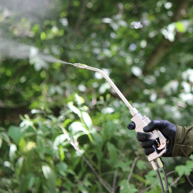 Person using an injectosol aerosol injector in a forest setting