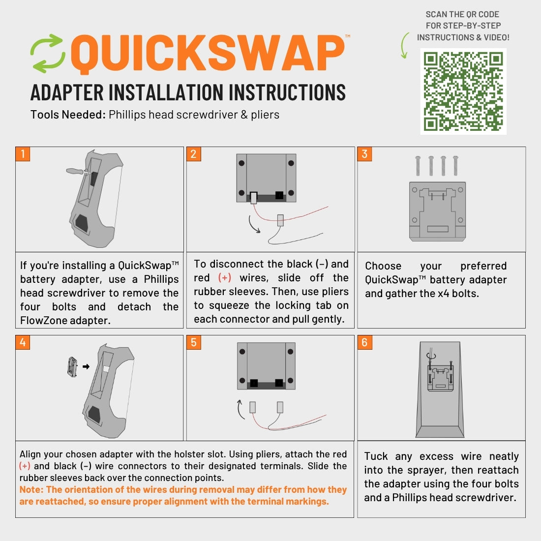 QuickSwap adapter installation instructions with step-by-step diagrams and a QR code for a video tutorial.